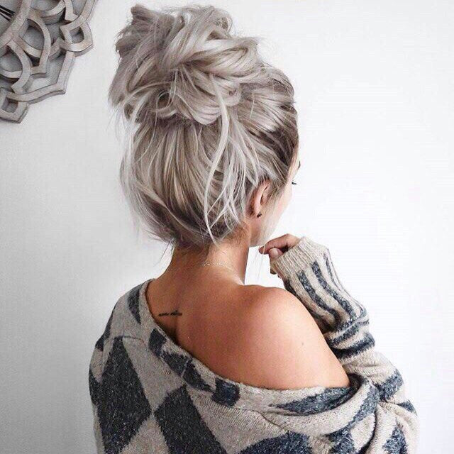 Image of Grey shaggy hair with a messy bun